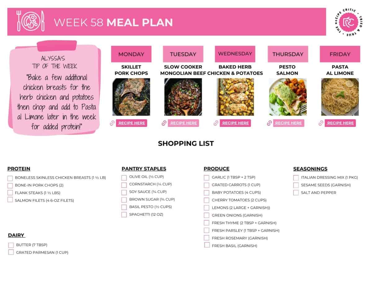 This week’s meal plan is all about mixing things up so dinner never feels boring. You’ll get a balance of cozy comfort, bold flavors, and lighter fresh picks. All are delicious, quick, and easy enough for busy weeknights. Image of the weeks meal plan's shopping list.