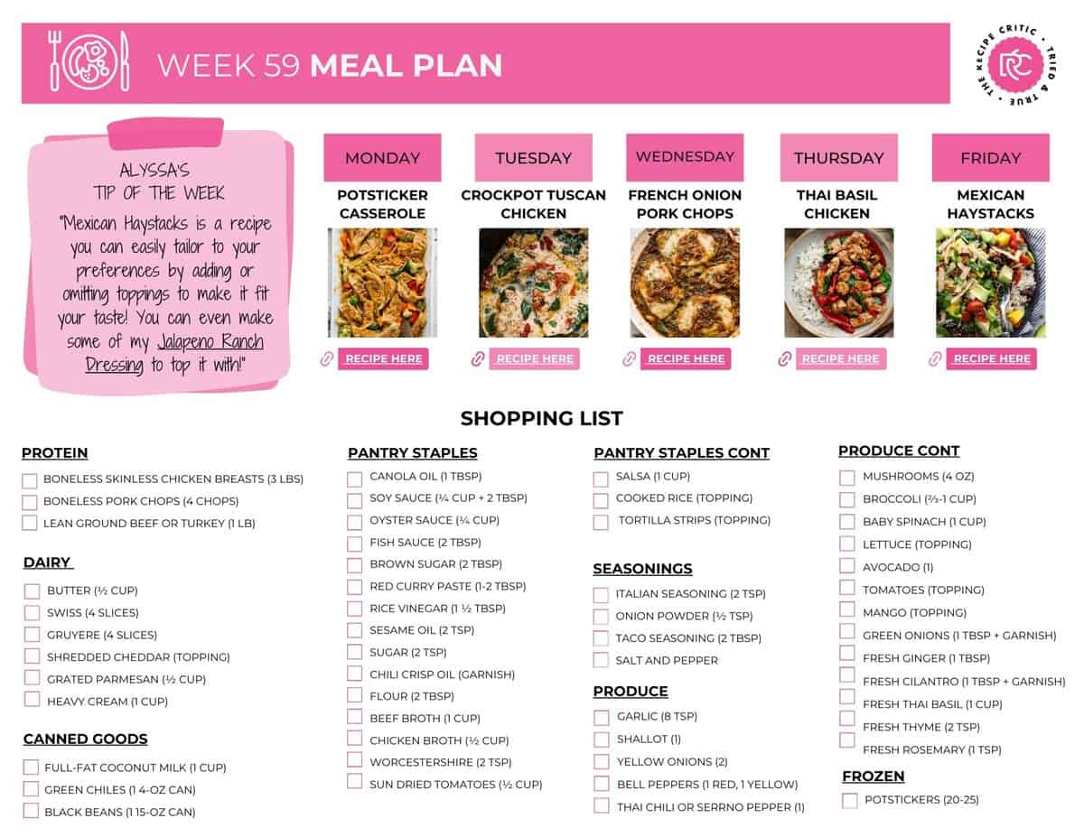 Want to save your sanity and actually win at dinner? This weekly meal plan is the secret. Once I started meal planning, the stress lifted, and I finally felt on top of things. The best part? The meals are easy, and the whole family will love them. Picture of the shopping list for this weekly meal plan.