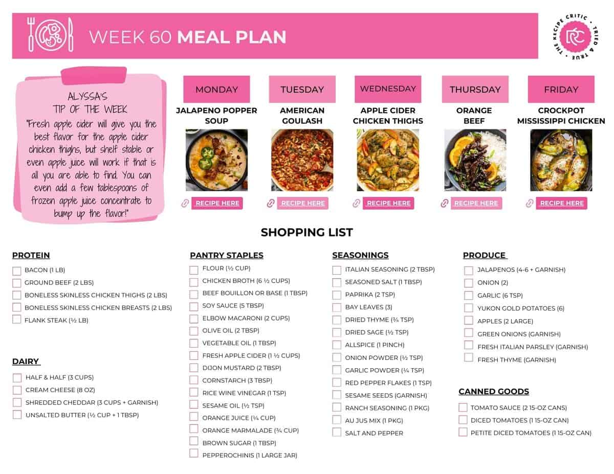 This week’s meal plan is all about big flavors and easy prep to keep dinnertime stress-free! If you are interested in checking out my other weekly meal plans, click here. Image of the the weeks meal plans free printable shopping list.