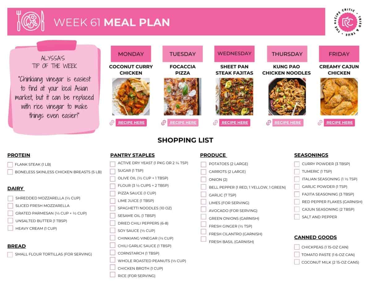 Can you believe we’re already at week 61 of our meal plans? That’s a whole lot of delicious dinners we’ve shared together! The best part about following these weekly meal plans is how much easier life feels. You’ll stay organized, save money, and keep weeknight stress to a minimum. Image of the free printable shopping list.
