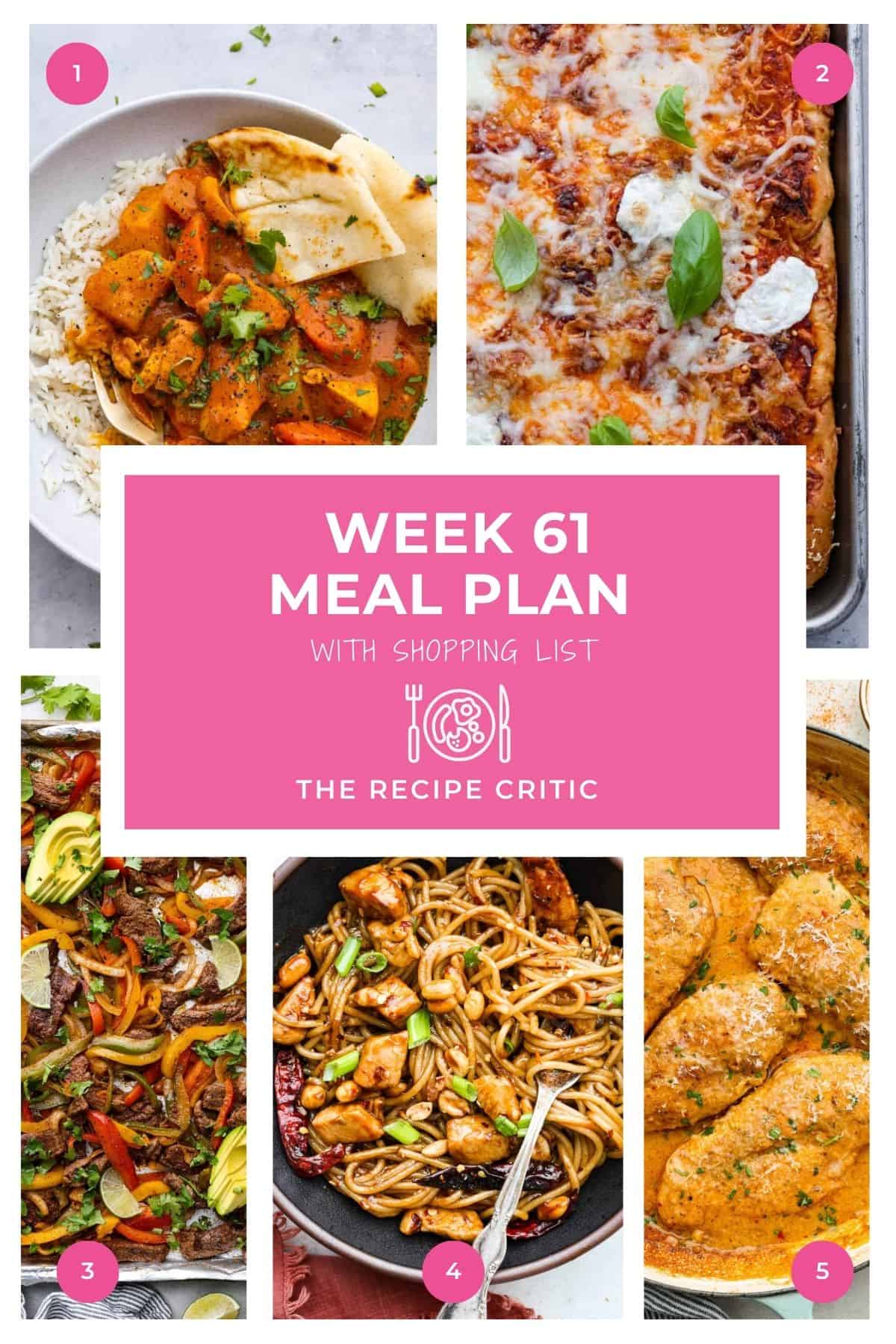 Can you believe we’re already at week 61 of our meal plans? That’s a whole lot of delicious dinners we’ve shared together! The best part about following these weekly meal plans is how much easier life feels. You’ll stay organized, save money, and keep weeknight stress to a minimum. Collage of the hero shots from the meals from this weekly meal plan.