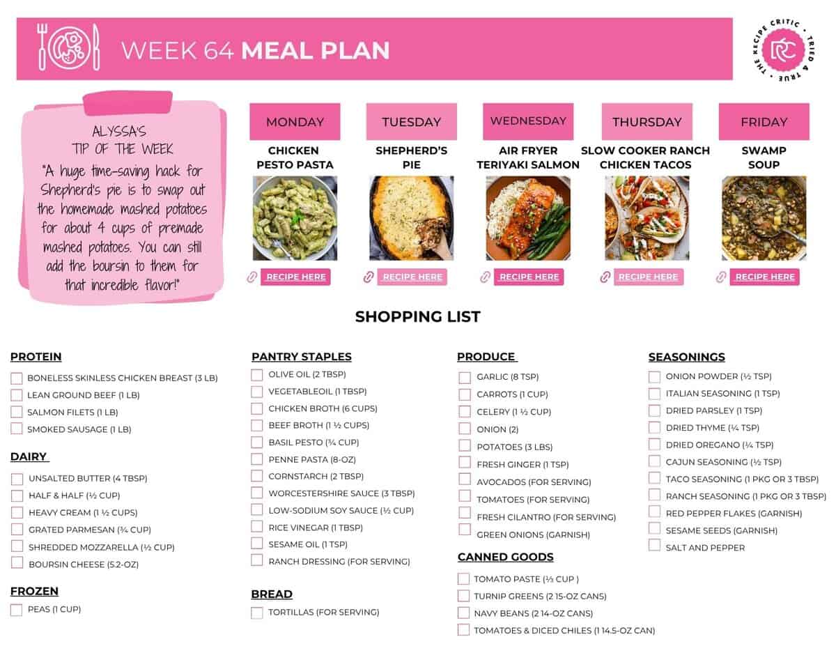 If dinner made itself, we’d all be living the dream. Until that miracle happens, this weekly meal plan has your back with quick, delicious recipes and the kind of leftovers that make you feel like you’ve got life figured out. Image of the free shopping list for the weekly meal plan.