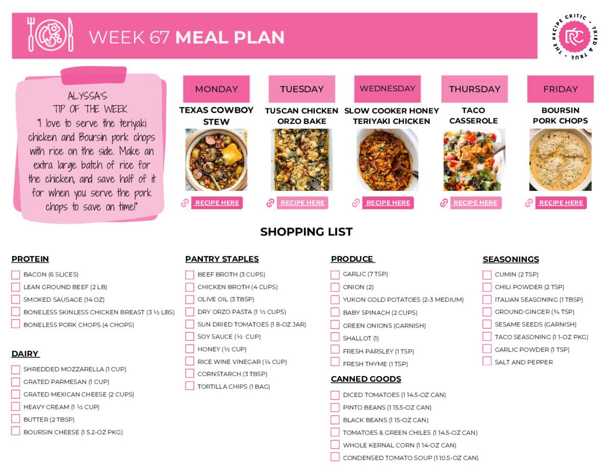 I love a weekly meal plan with easy meals. This one has one of my kids' all-time favorites, the Taco Casserole! These recipes are so delicious, you will love them! Image of the printable shopping list for this weekly meal plan.