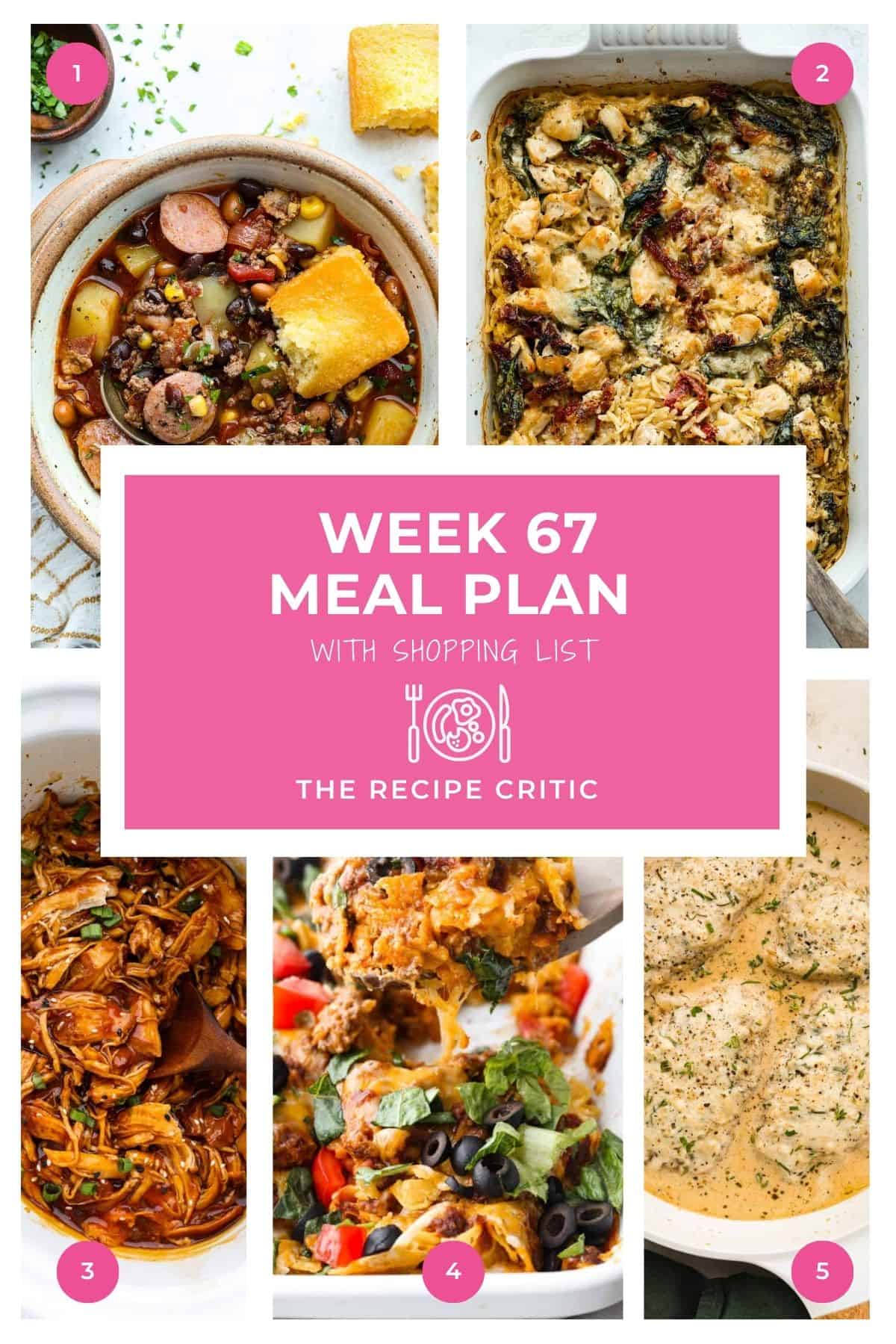 I love a weekly meal plan with easy meals. This one has one of my kids' all-time favorites, the Taco Casserole! These recipes are so delicious, you will love them! Collage of each of this weekly meal plan recipe's hero images.