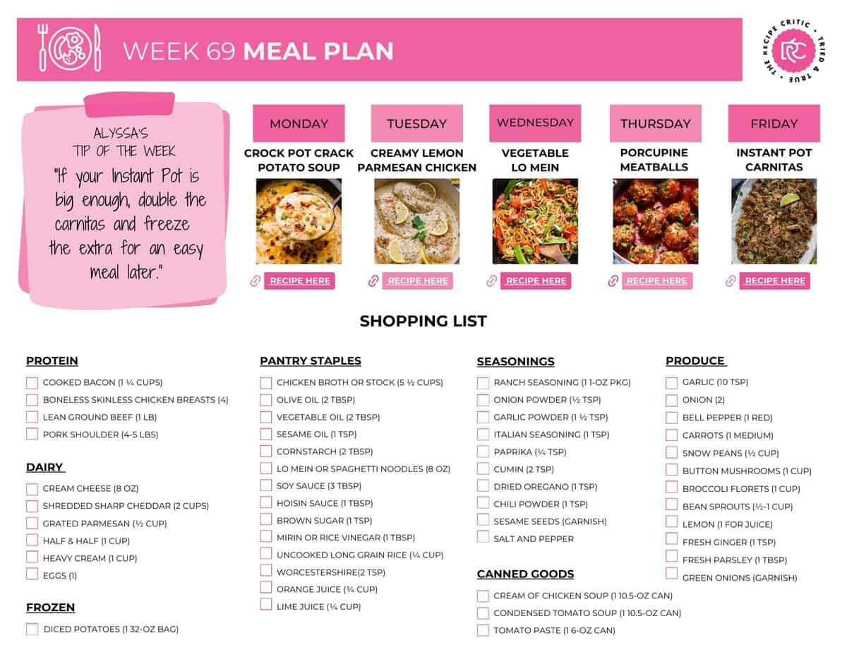 This week’s meal plan is all about cozy comfort. You'll get warm, filling dishes that make the whole house feel calmer at dinnertime. If you want to check out the rest of my weekly meal plans, you’ll find them here. Image of the printable shopping list for this weekly meal plan.