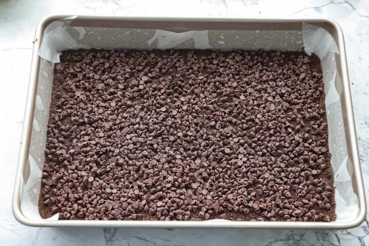 Chocolate chips layered over the top of the crust. 