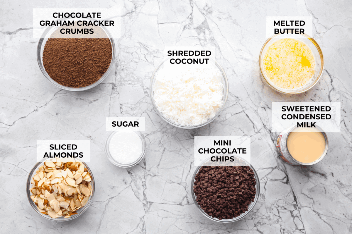 Overhead shot of labeled almond joy bars ingredients.