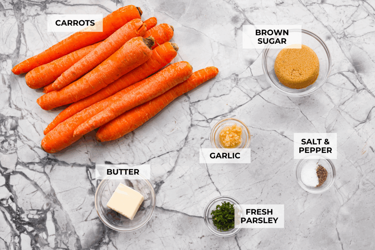 Brown Sugar glazed carrots are that sneaky-simple side that always gets rave reviews. The brown sugar caramelizes into the best buttery sweetness, and somehow everyone ends up going back for seconds. Overhead shot of labeled ingredients.