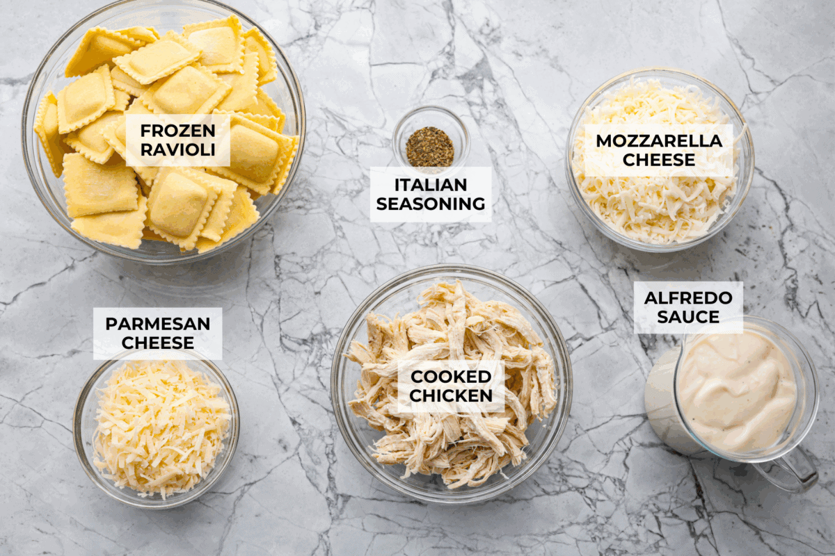 Overhead shot of labeled ingredients. 