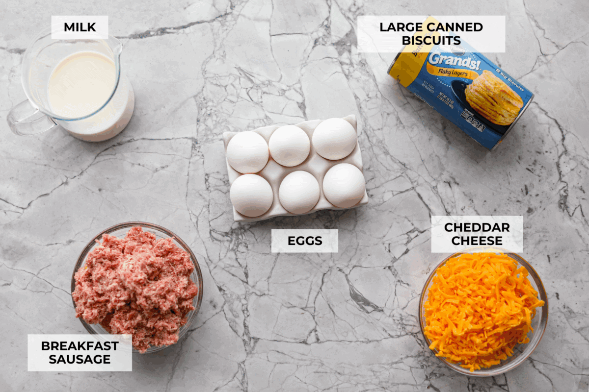 Wake up to a breakfast that feels like a warm hug! This Christmas morning casserole turns sausage, eggs, cheese, and fluffy biscuits into the easiest, hearty breakfast you can't get enough of! Overhead shot of labeled ingredients.