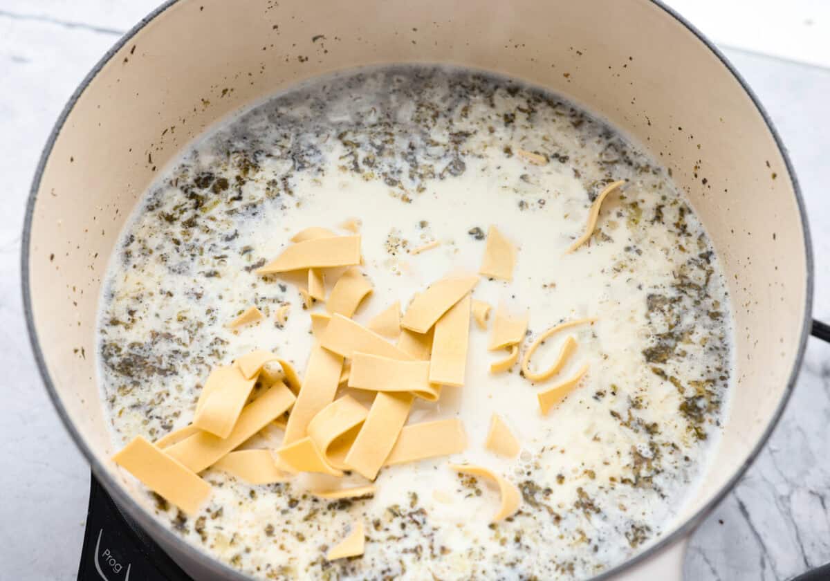 Warm up fast with this creamy, cheesy chicken Alfredo soup! Tender chicken, rich broth, and pasta all come together in just 30 minutes for the ultimate comfort bowl. Dry noodles added to the pot to cook.