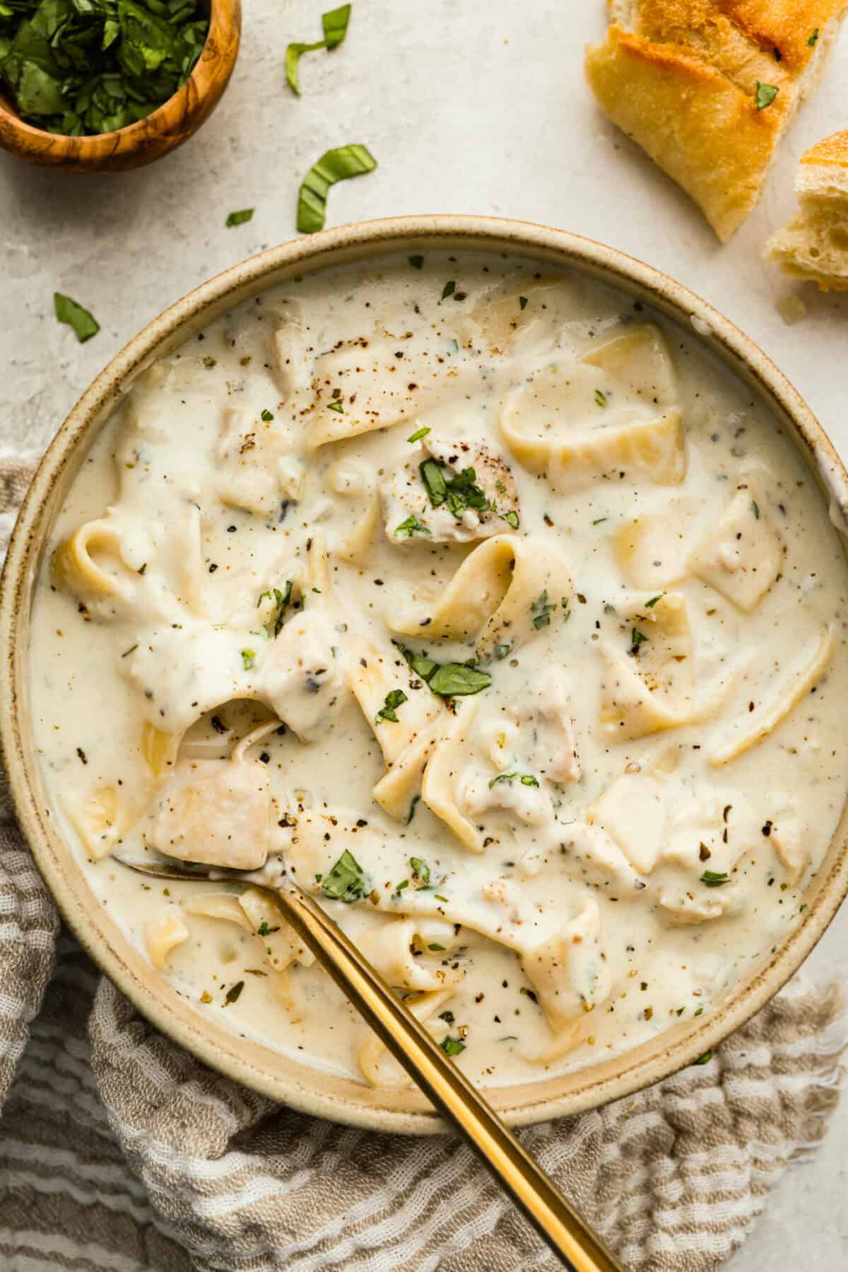 Warm up fast with this creamy, cheesy chicken Alfredo soup! Tender chicken, rich broth, and pasta all come together in just 30 minutes for the ultimate comfort bowl. Serving of chicken Alfredo soup in a bowl.