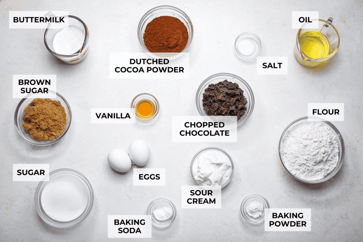 Overhead shot of labeled chocolate muffin ingredients. 