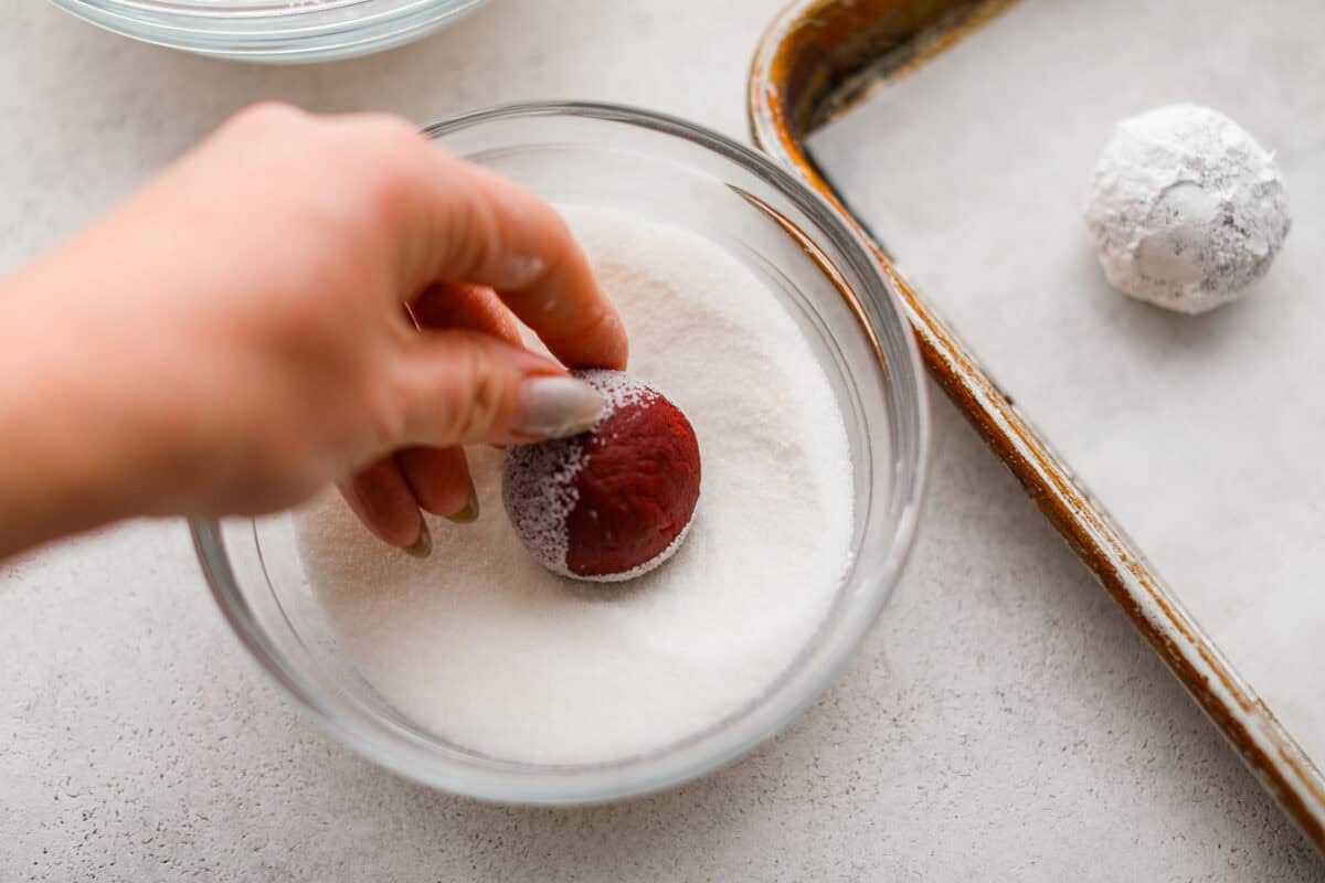 These red velvet crinkle cookies bring all the charm of classic red velvet cake in a festive, crackly cookie. With a soft center, crisp edges, and a snowy sugar coating, they’re as delicious as they are eye-catching. Someone rolling the cookie dough ball in a bowl of granulated sugar.