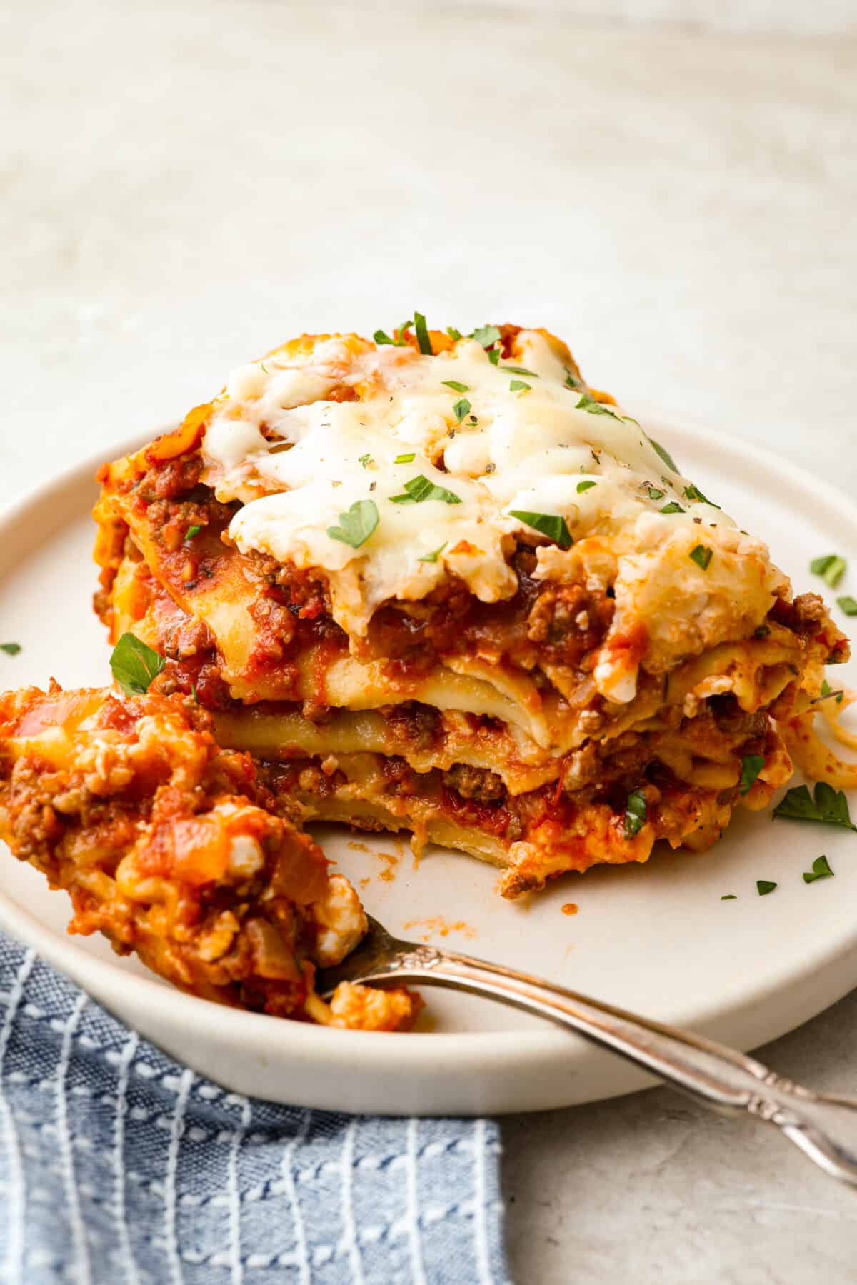 Plated portion of slow cooker lasagna.