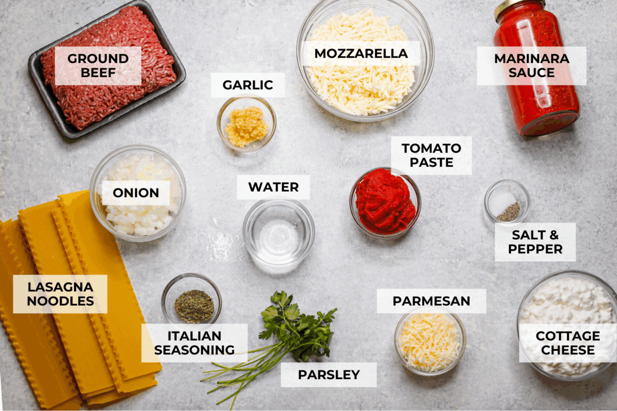 Overhead shot of labeled slow cooker lasagna ingredients. 