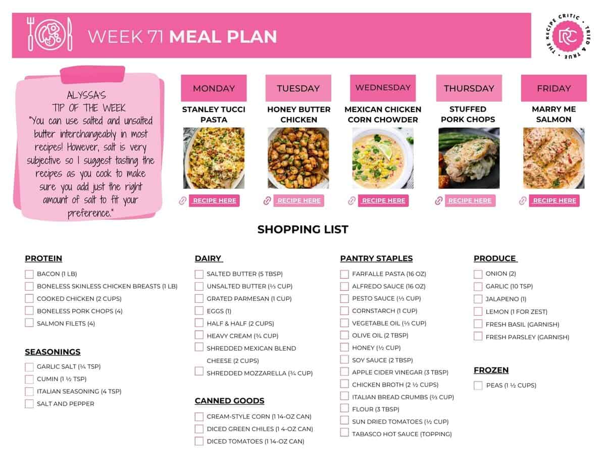 Image of the free printable shopping list for this weeks meal plan.