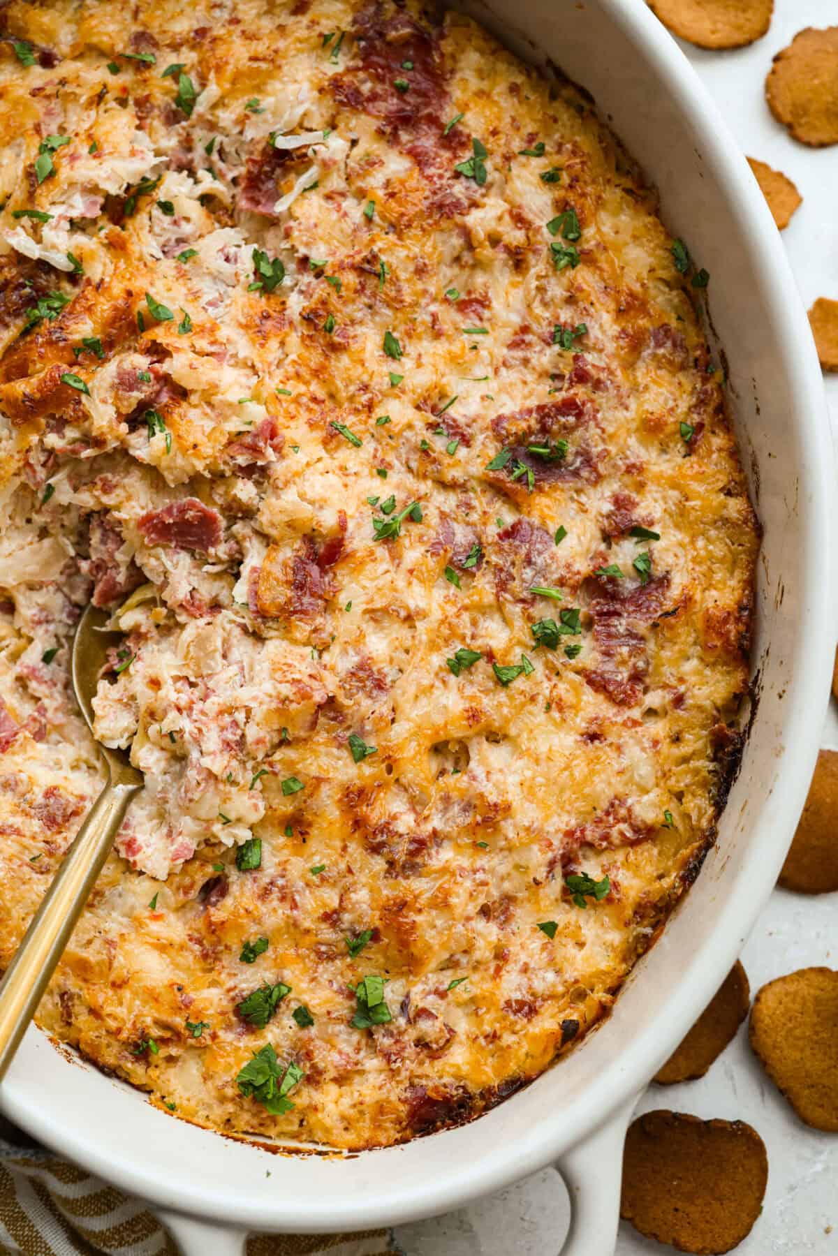Overhead shot of hot reuben dip baked up to perfection!