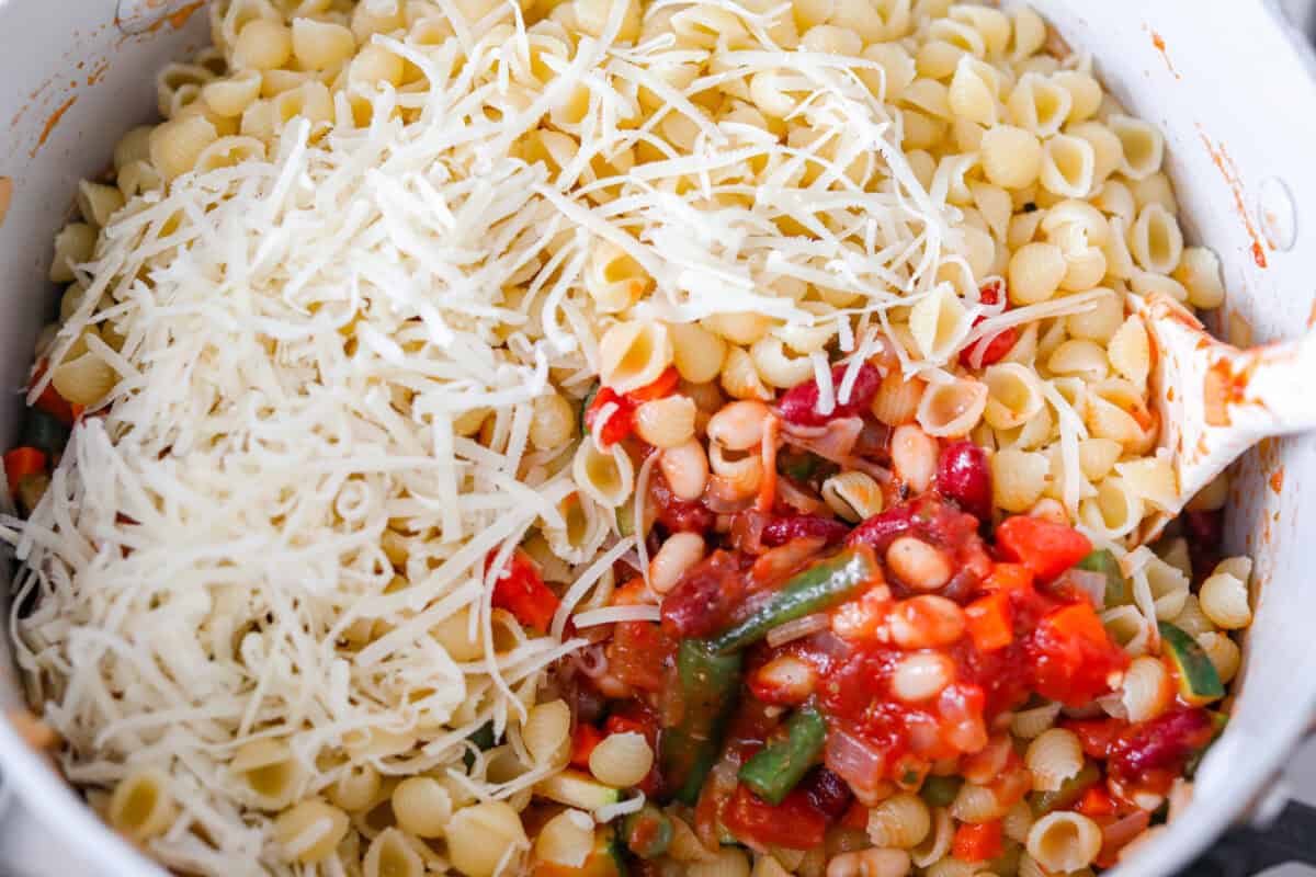 If you love my minestrone soup even a little, you have to try this minestrone casserole. It takes the cozy, veggie packed soup you already love and turns it into a hearty, cheesy pasta bake. It feels like weeknight dinner perfection. Cheese and noodles added to the veggie mixture.