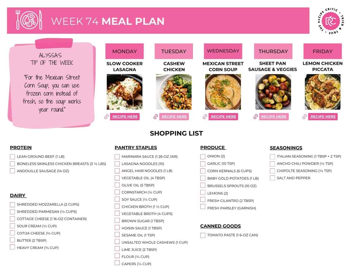 Image of the free printable shopping list for this weekly menu plan.
