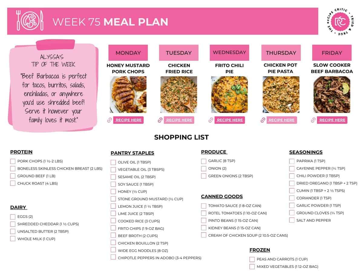 I put this weekly meal plan together to make your week easier. Five simple, family-friendly dinners to save time, reduce stress, and make dinnertime feel doable again. Image of the free shopping list of the weekly meal plan.