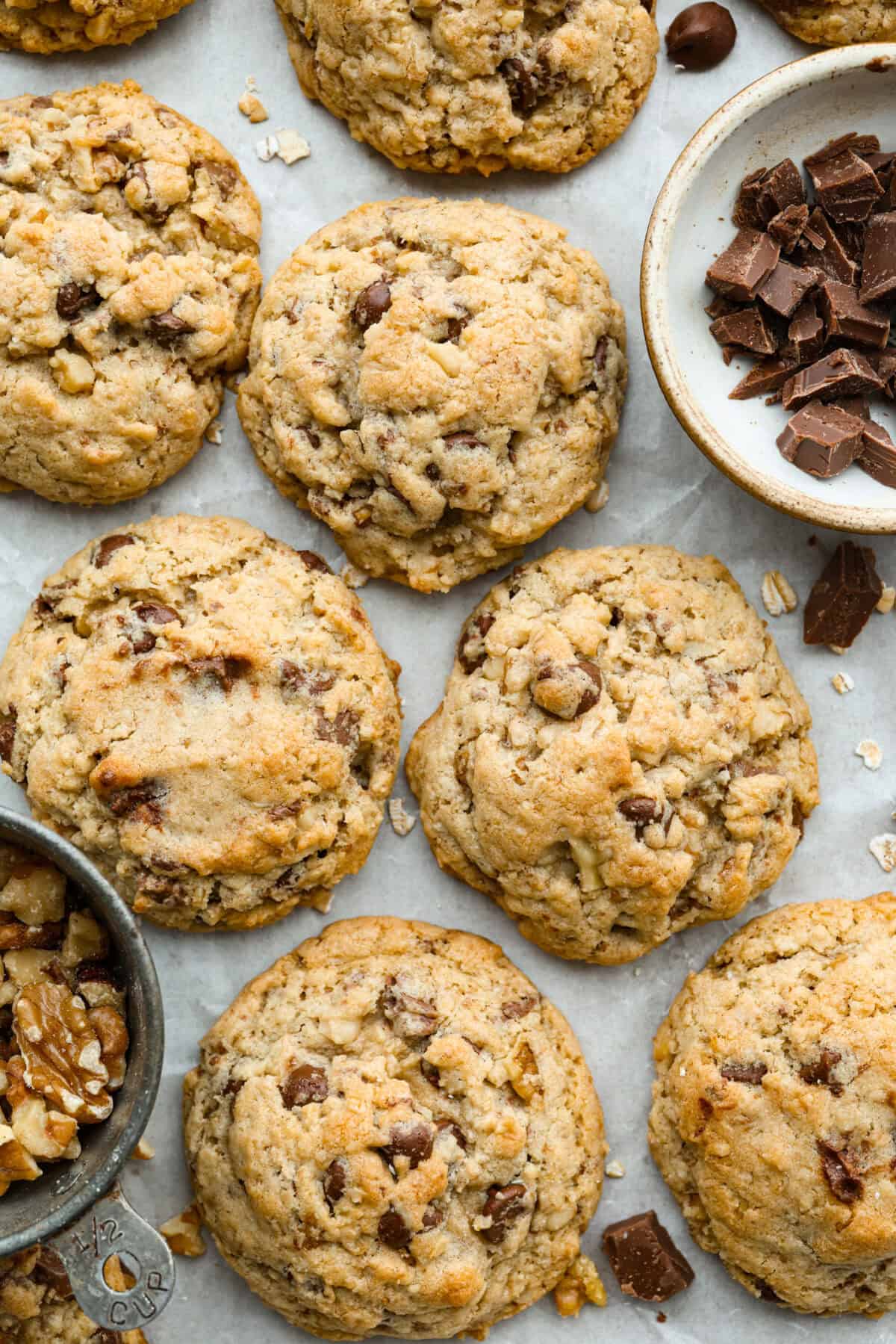 These Neiman Marcus Chocolate Chip Cookies come with a famous backstory, but the real star is the cookie itself. Thick, chewy, and packed with oats, two kinds of chocolate, and crunchy walnuts, they’re truly worth the hype. Overhead shot of Neiman Marcus chocolate chip cookies baked and read to be eaten!
