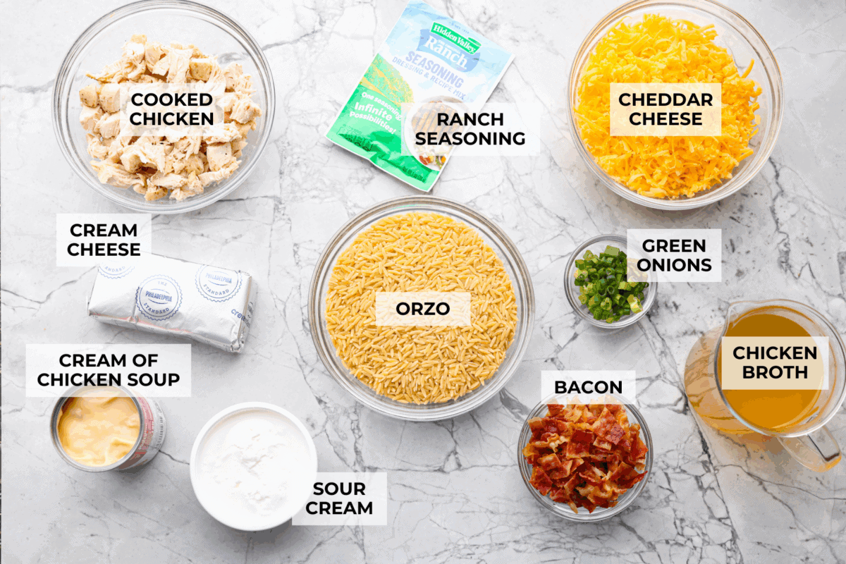This crack orzo bake is creamy, cheesy, and packed with that irresistible ranch, bacon, and cheddar “crack” flavor everyone loves. It’s an easy casserole that’s guaranteed to be a hit. Overhead shot of labeled crack chicken orzo ingredients.