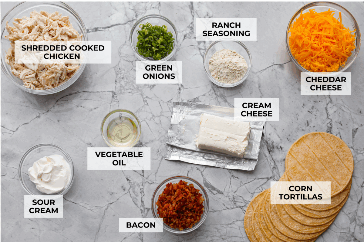 Overhead shot of labeled crack chicken tacos ingredients. 