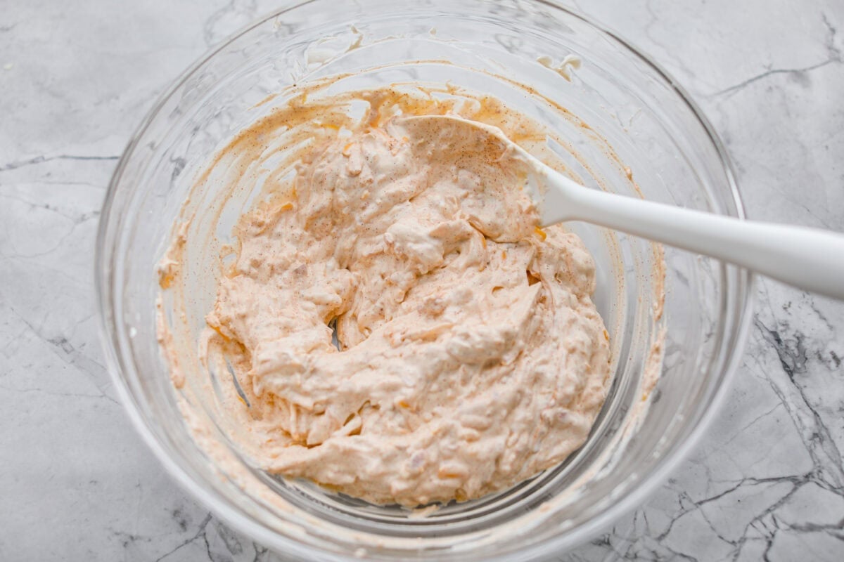 All of the rest of the ingredients added to the cream cheese mixture.