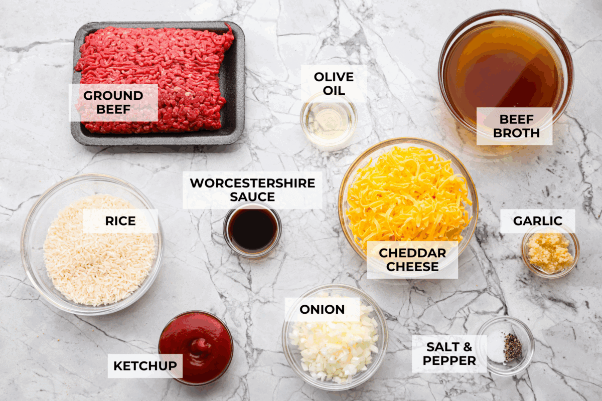Overhead shot of labeled ingredients. 