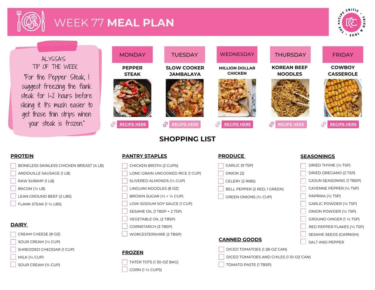 If the thought of figuring out dinner every night is weighing you down, this week’s meal plan is for you. Everything is simple, familiar, and realistic for real life. Image of the free printable shopping list for this weeks meal plan.