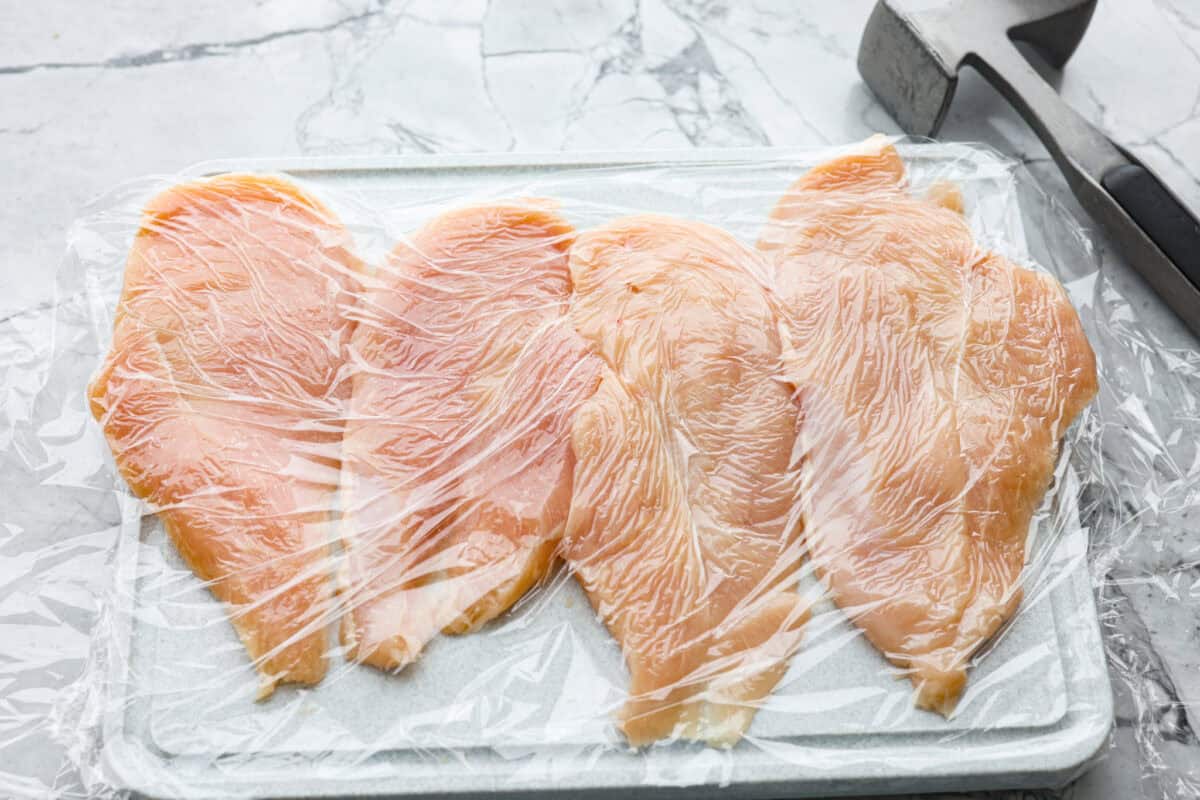 This pretzel crusted chicken takes crispy chicken to the next level. The crunchy pretzel coating adds incredible flavor and texture, making every bite extra delicious. Chicken cut thin and then pounded with a meat mallet in between plastic wrap.