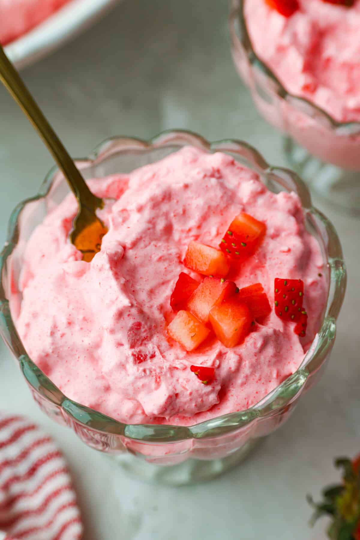 This cottage cheese jello salad is one of those old-school recipes that never really goes out of style. My dad absolutely loves it and requests it all the time, especially for family get-togethers. It’s creamy, fruity, and ridiculously easy to make. Individual serving of cottage cheese Jello salad.