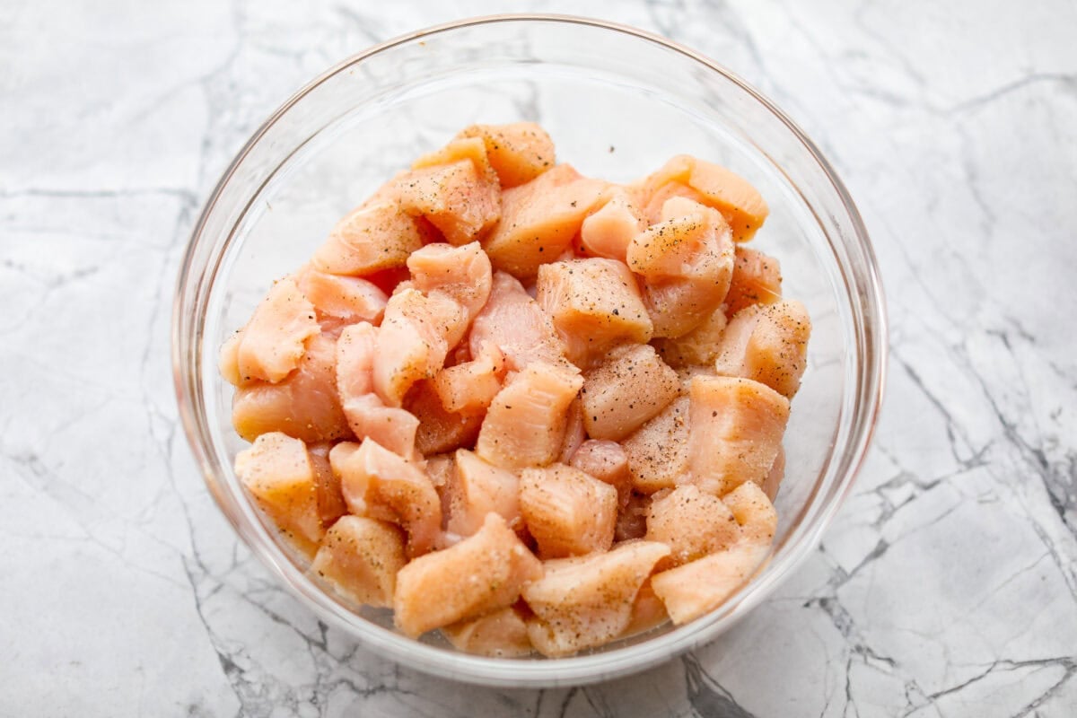 Diced chicken seasoned with salt and pepper. 