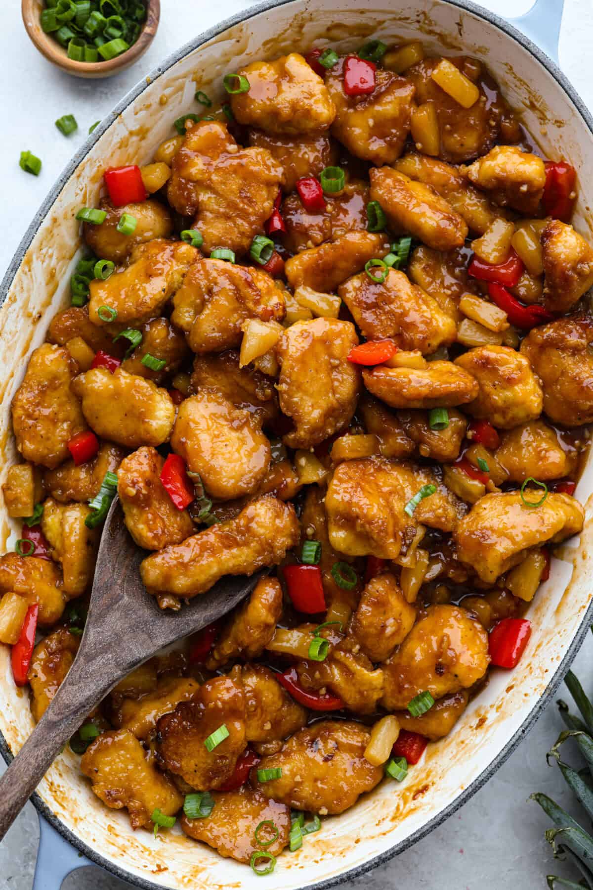 Pan of baked sweet Hawaiian chicken.