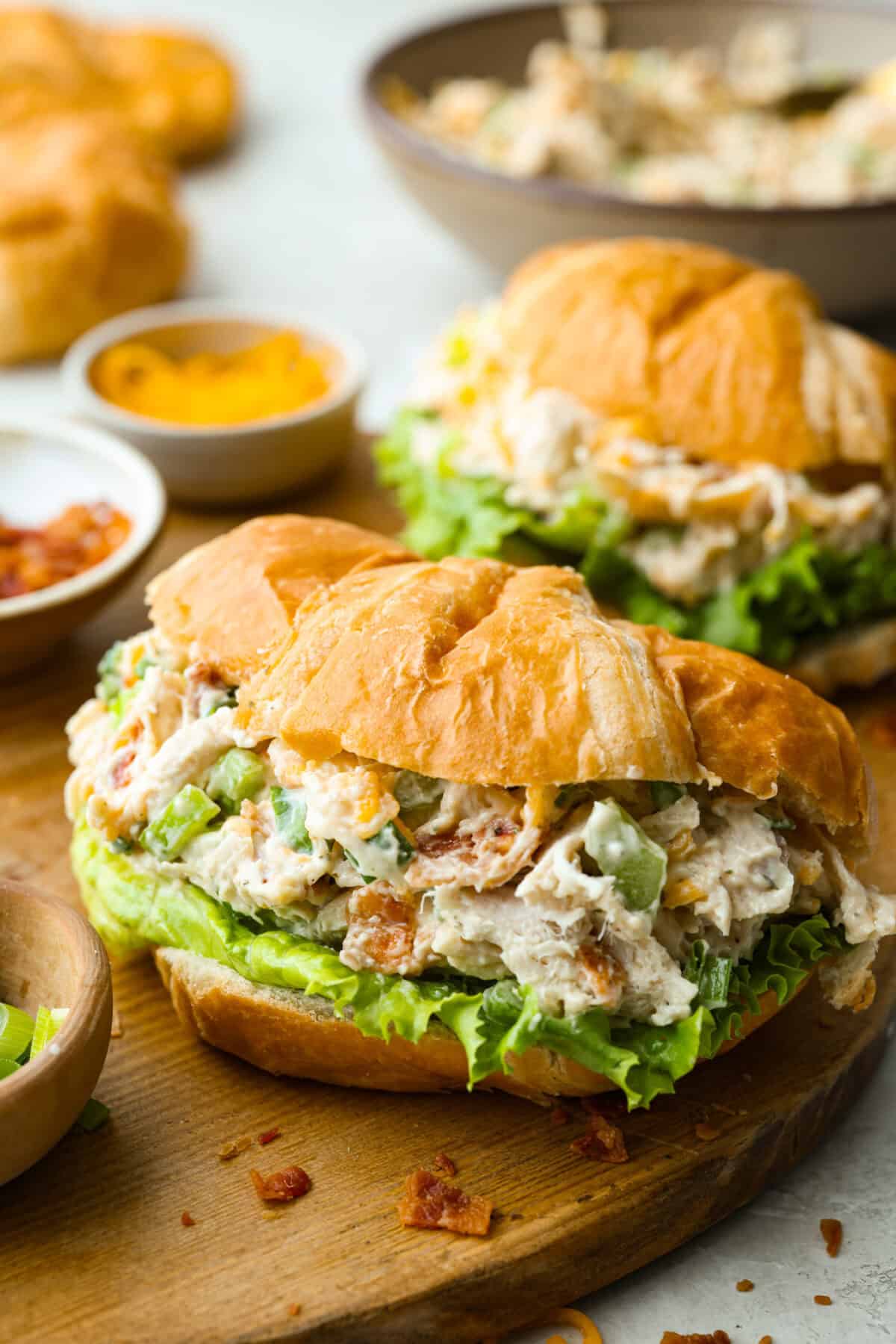 Croissants loaded with crack chicken salad and lettuce. 