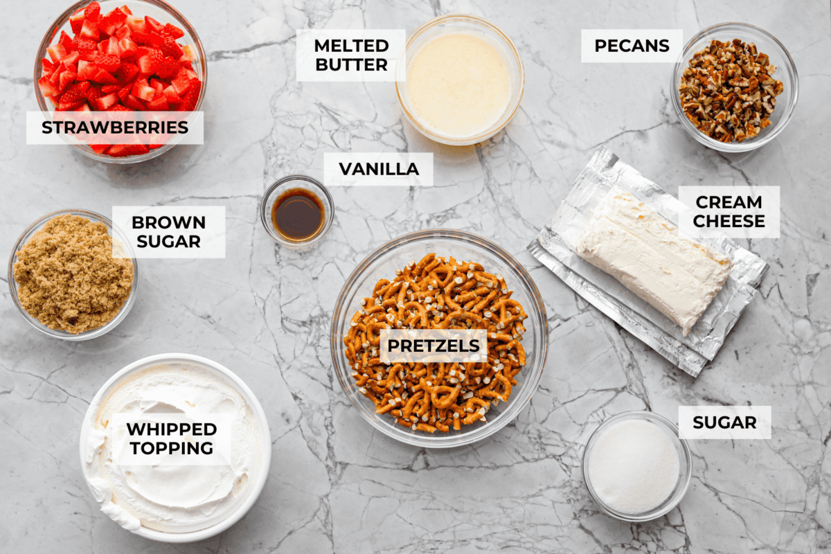 Overhead shot of labeled crack pretzel salad ingredients.