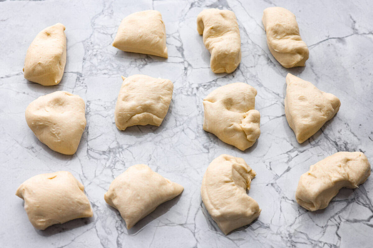 Pieces of dough cut into sections.