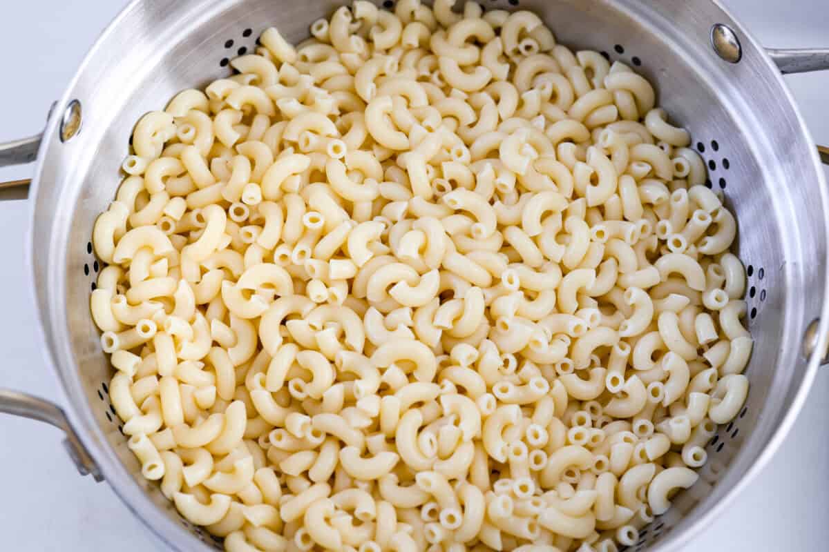 Large colander with macaroni noodles. 
