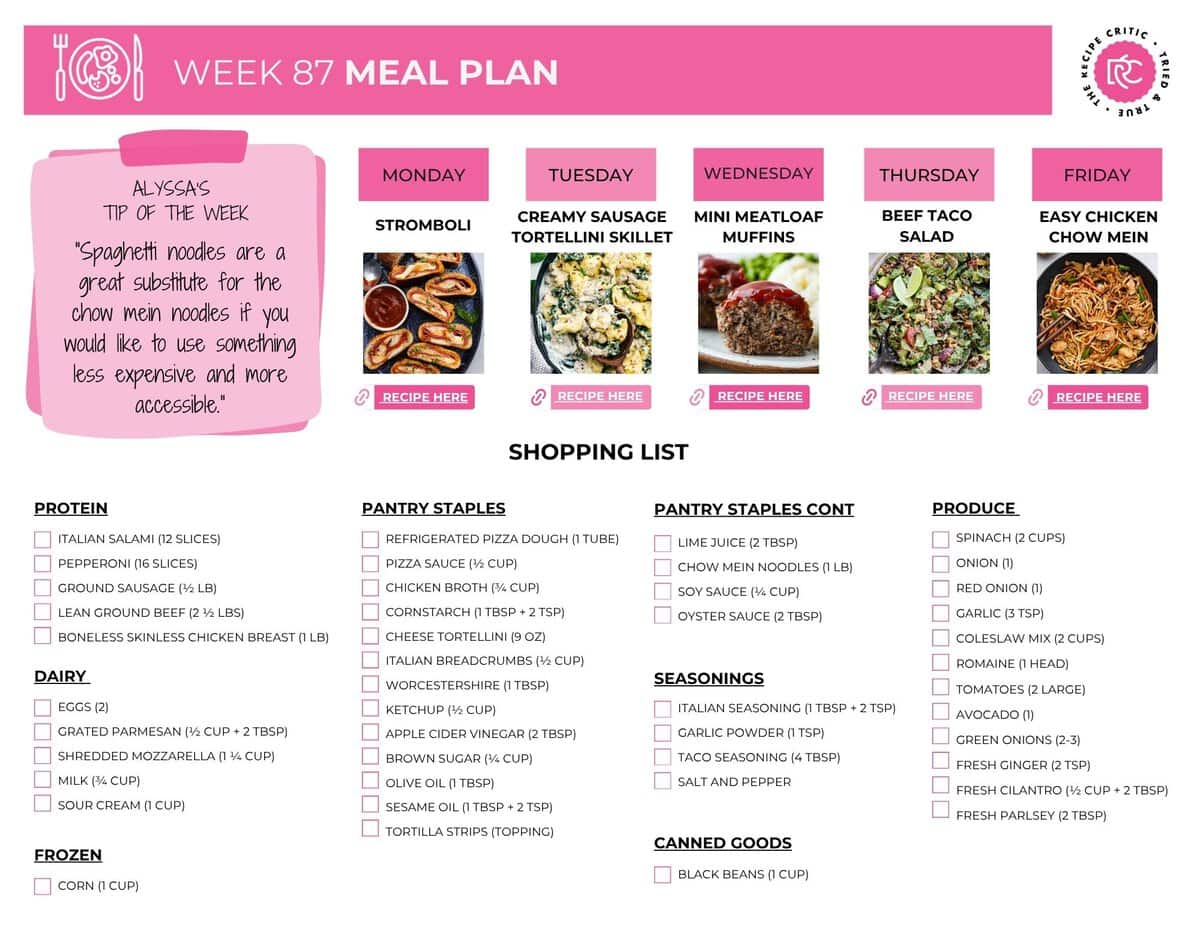 Image of the free printable shopping list for this weeks meal plan. 